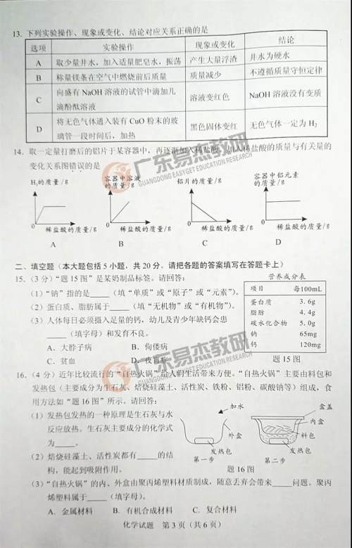 2019年广东中考化学试卷及参考答案