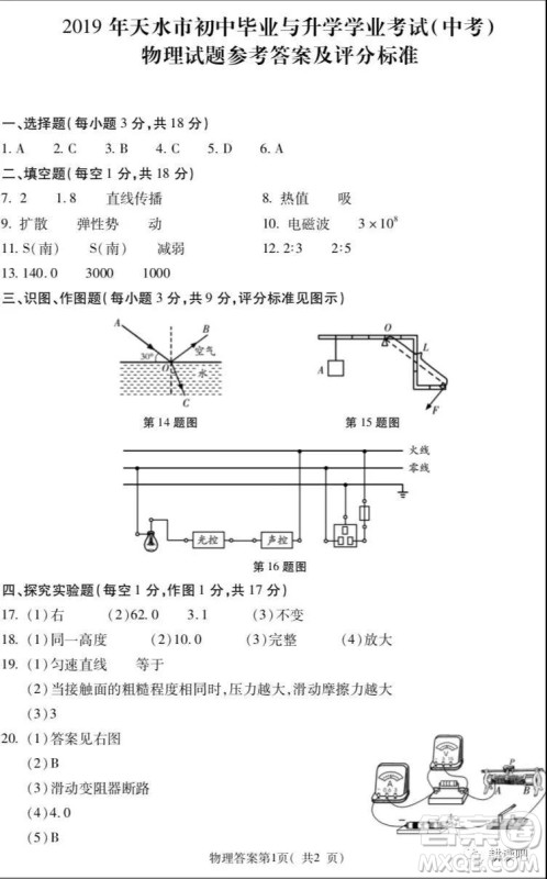 2019天水市中考真题物理化学试卷及答案