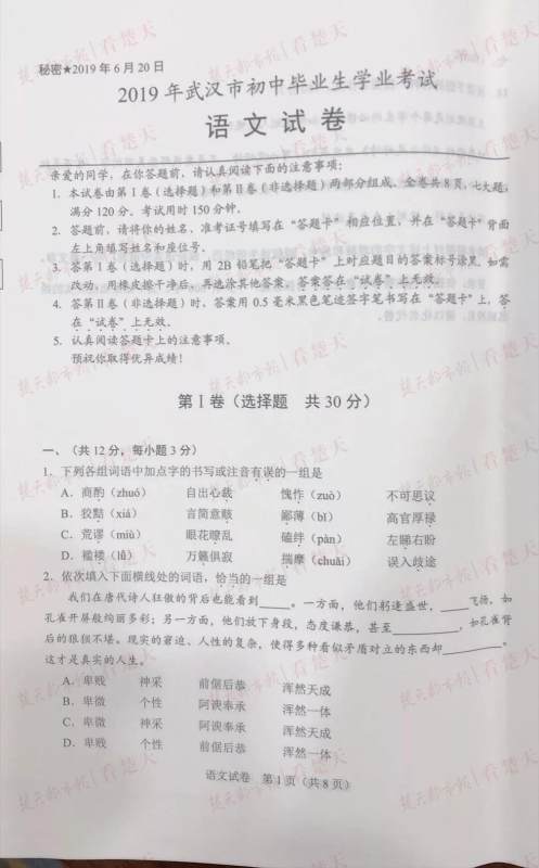 2019年武汉市中考真题语文试题和答案 2019年武汉市中考真题语文试题和答案