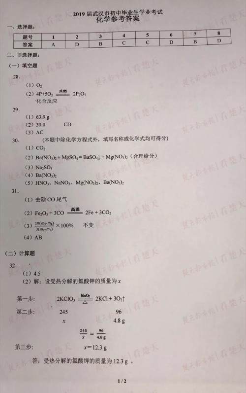 2019年武汉市中考真题物理化学试题及答案 2019年武汉市中考真题物理化学试题及答案