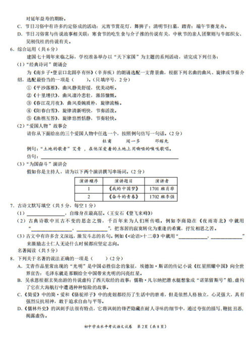 2019年长沙市中考试卷语文参考答案及评分标准 2019年长沙市中考试卷语文参考答案及评分标准