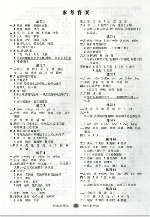 新疆文化出版社2021假期作业快乐暑假语文二年级RJ人教版答案