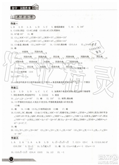 2019年长江作业本暑假作业初中七年级数学人教版参考答案 2019年长江作业本暑假作业初中七年级数学人教版参考答案