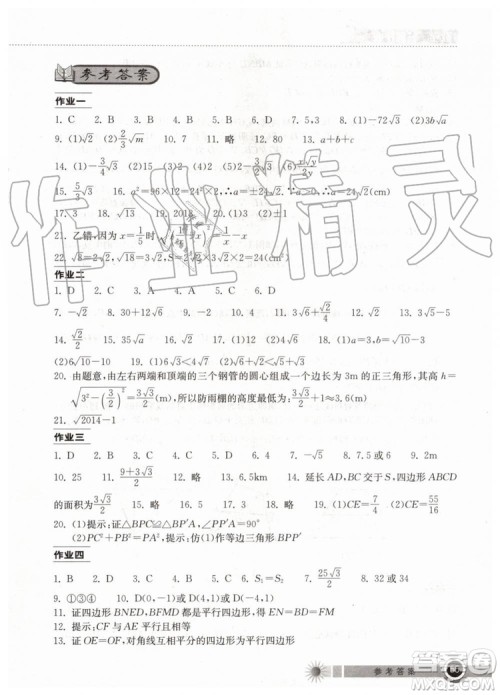 2019年长江作业本暑假作业初中八年级数学人教版参考答案