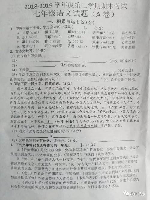 2019年徐州市期末考试七年级语文试题及答案