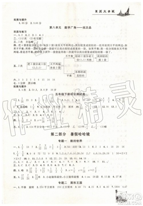 人民教育教材适用2019年小学版暑假大串联五年级数学参考答案