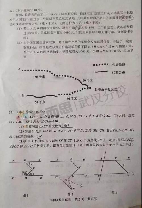 2019武汉市武昌区七年级期末考试数学试卷及答案