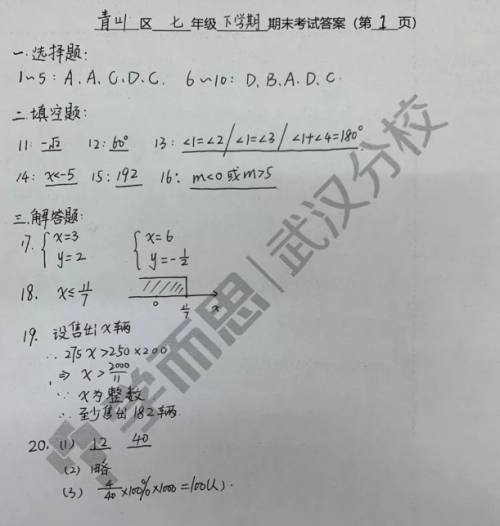 2019武汉市青山区七年级期末考试数学试卷及答案 2019武汉市青山区七年级期末考试数学试卷及答案