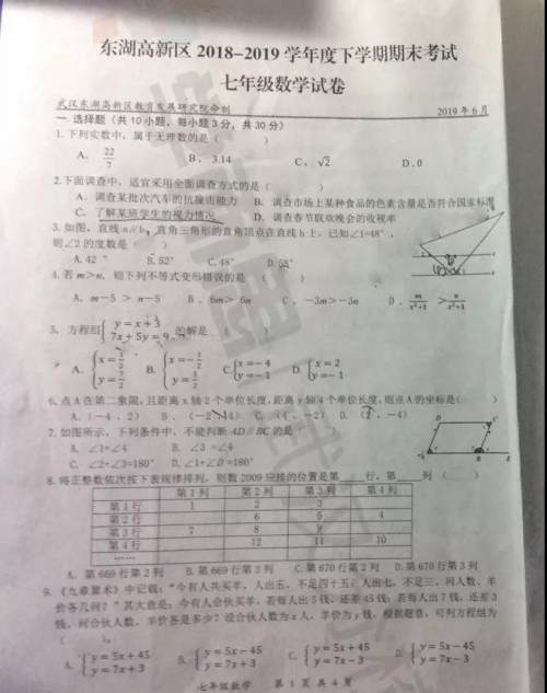 2019武汉市东湖高新区七年级期末考试数学试卷及答案