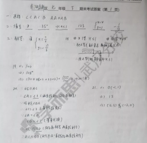 2019武汉市东湖高新区七年级期末考试数学试卷及答案 2019武汉市东湖高新区七年级期末考试数学试卷及答案