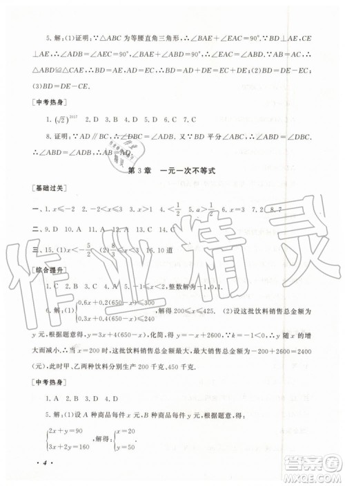2019年暑假大串联八年级数学浙教版参考答案安徽人民出版社