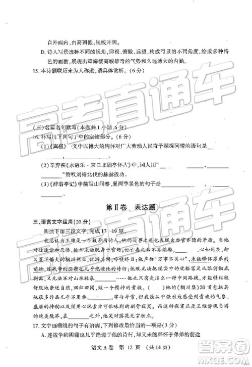 2019年高考模拟豫科名校大联考A卷语文试题及答案 2019年高考模拟豫科名校大联考A卷语文试题及答案