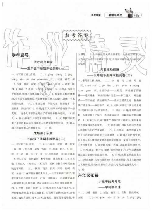 2019年经纶学典修订版暑假总动员五年级语文人教版答案