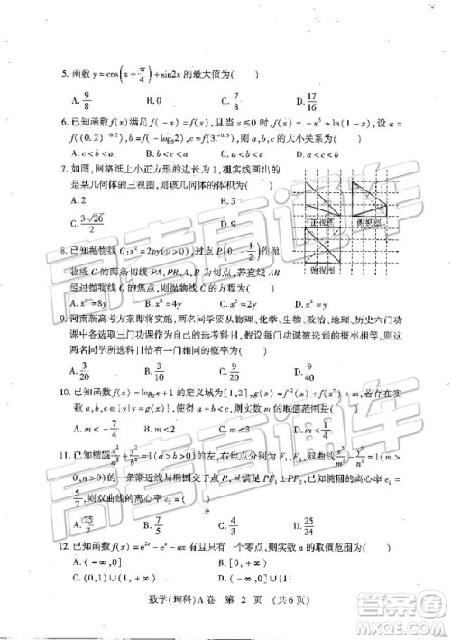 2019年高考模拟豫科名校大联考A卷文理数试题及答案