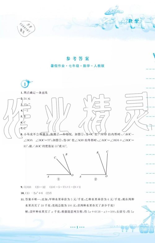 2019年暑假作业七年级数学人教版安徽教育出版社答案