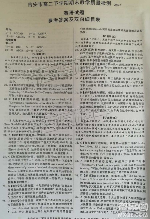 2019年吉安市高二下学期期末考试英语试题及答案 2019年吉安市高二下学期期末考试英语试题及答案