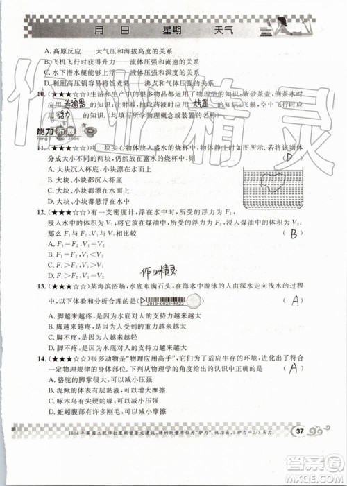 2019版长江作业本暑假作业初中八年级物理人教版参考答案