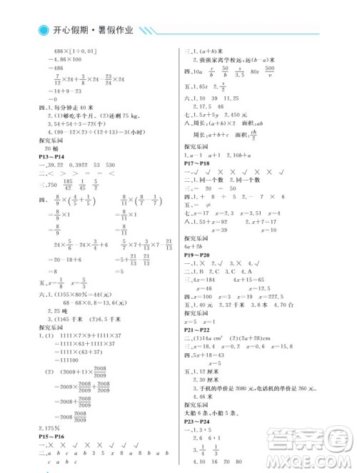 武汉出版社2019开心假期暑假作业六年级数学人教版答案