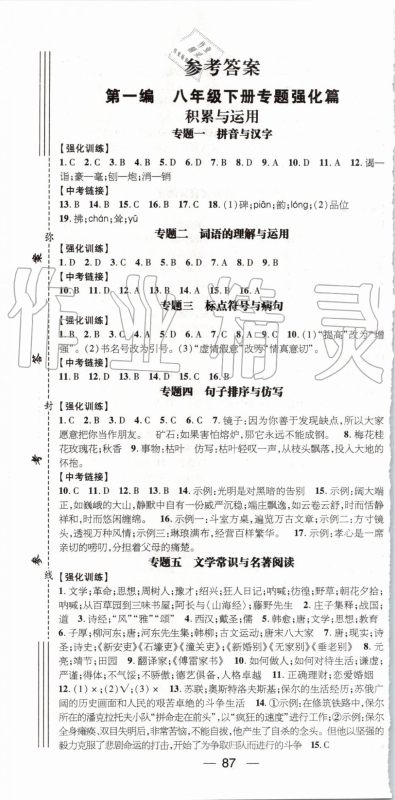 鸿鹄志文化2019年期末冲刺王暑假作业八年级语文人教版参考答案 鸿鹄志文化2019年期末冲刺王暑假作业八年级语文人教版参考答案