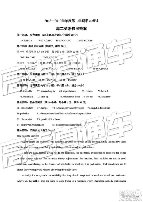 2019年江苏省连云港市高二下学期期末考试英语试题及答案