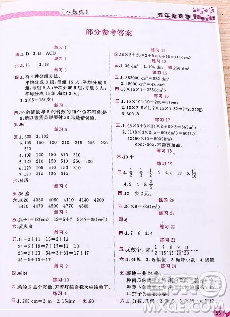 江西教育出版社2019年芝麻开花暑假作业数学5年级人教版答案