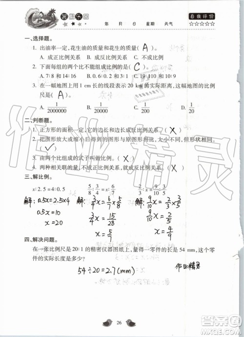 北京教育出版社2019暑假乐园六年级数学人教版河南专用参考答案