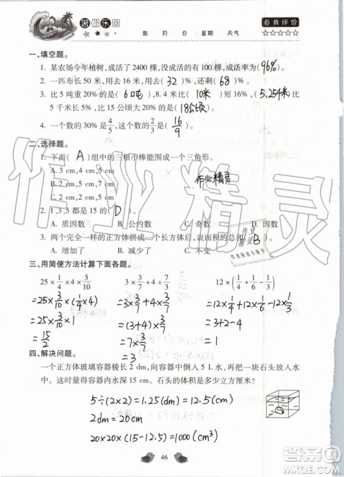 北京教育出版社2019暑假乐园六年级数学人教版河南专用参考答案