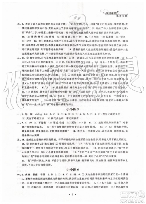 2019年暑假小小练七年级语文数学英语合订本参考答案