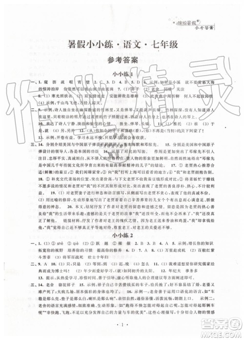 2019年暑假小小练七年级语文数学英语合订本参考答案