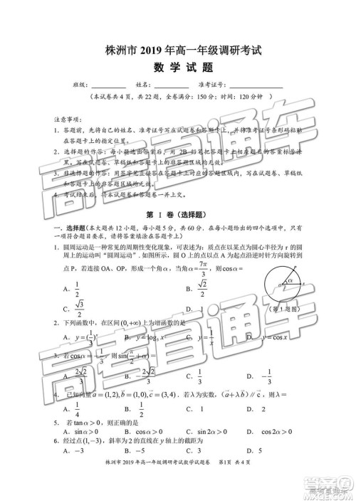 2019年株洲市高一下学期期末调研数学试题及答案