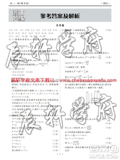 河北衡水中学2020届新高三联考卷一调理综参考答案 河北衡水中学2020届新高三联考卷一调理综参考答案