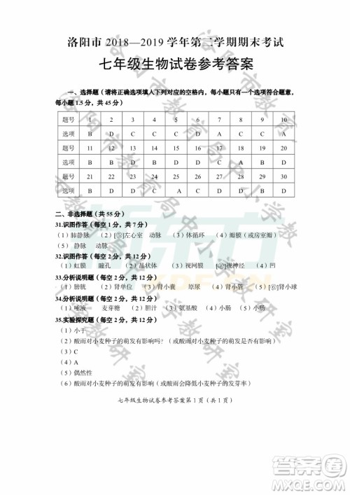 2019年洛阳初中七年级道德与法治地理生物期末考试答案