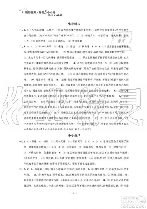 2019年精彩假期暑假小小练八年级语文数学英语物理合订本参考答案