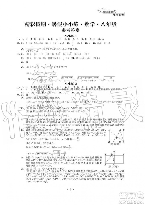 2019年精彩假期暑假小小练八年级语文数学英语物理合订本参考答案