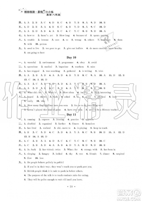 2019年精彩假期暑假小小练八年级语文数学英语物理合订本参考答案