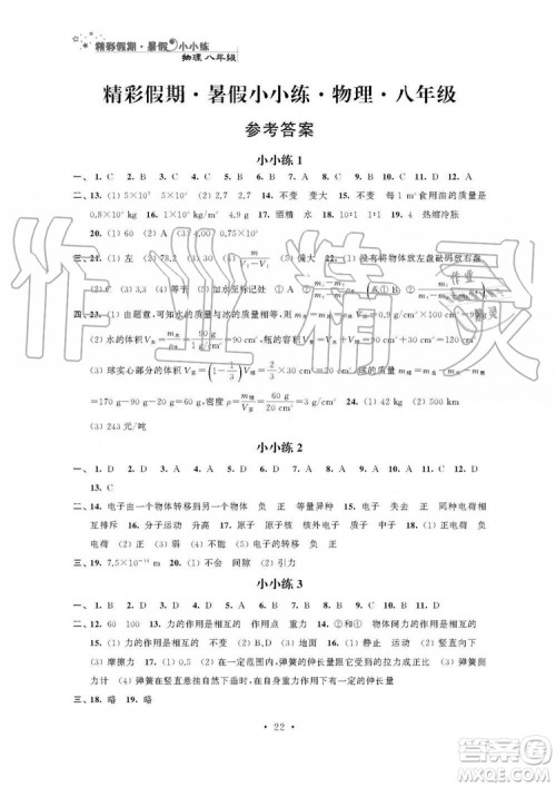 2019年精彩假期暑假小小练八年级语文数学英语物理合订本参考答案