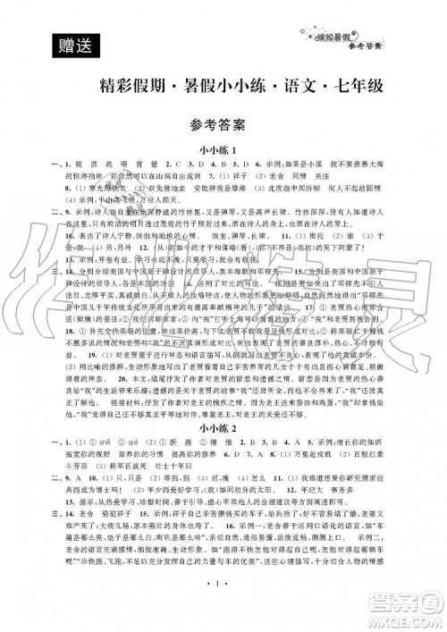 2019年精彩假期暑假小小练七年级语文数学英语合订本答案