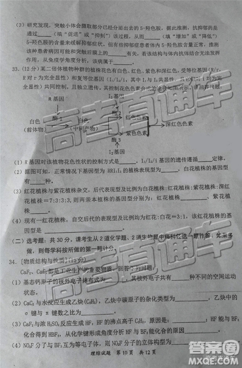 2020届惠州一调理综试卷及答案