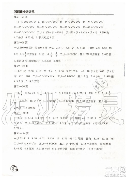 六年级数学2019年暑假作业天天练人教版参考答案