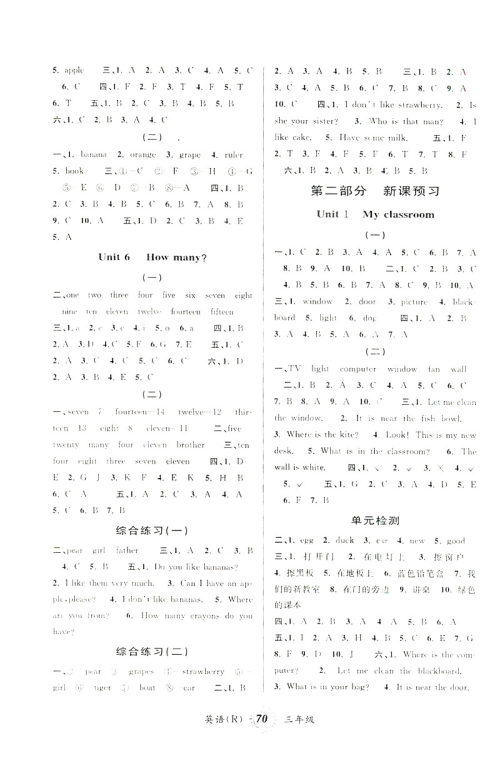 2019年第三学期暑假衔接三年级英语人教版参考答案