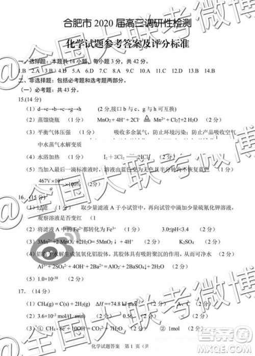 2020届合肥零模文理综参考答案 2020届合肥零模文理综参考答案