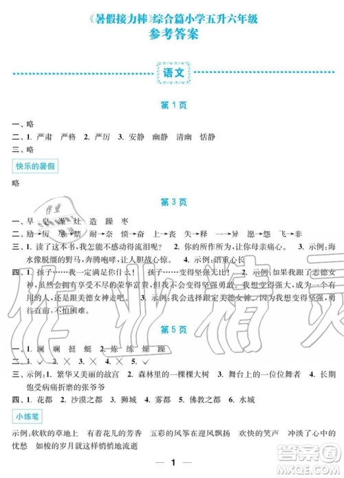 2019秋暑假接力棒语数英综合篇小学5升6年级参考答案