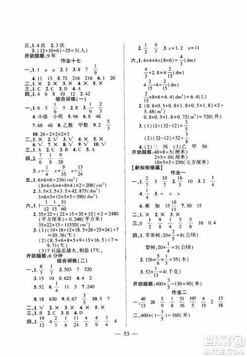 2019年金峰教育开心作业暑假作业五年级数学RJ人教版参考答案