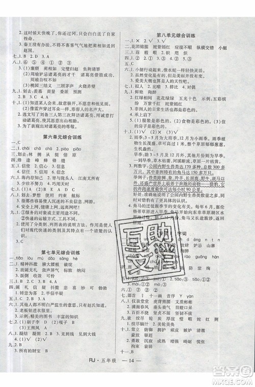 2019年优干线暑假计划期末衔接五年级语文RJ人教版参考答案 2019年优干线暑假计划期末衔接五年级语文RJ人教版参考答案