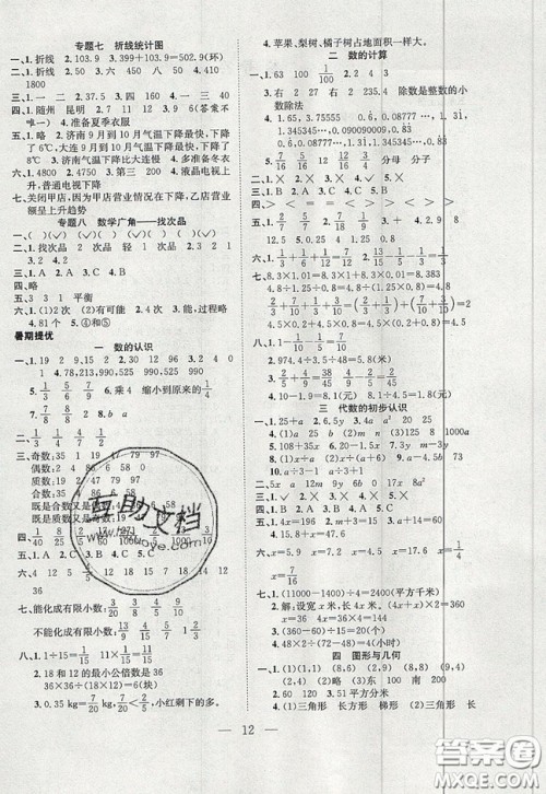 安徽文艺出版社2019假期训练营五年级数学人教版答案