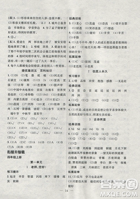 2019年暑假集训三年级语文苏教版SJ期末复习暑假作业衔接教材答案