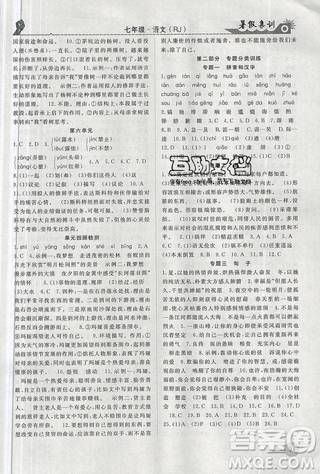 2019年暑假集训七年级语文人教版RJ期末复习暑假作业衔接教材答案