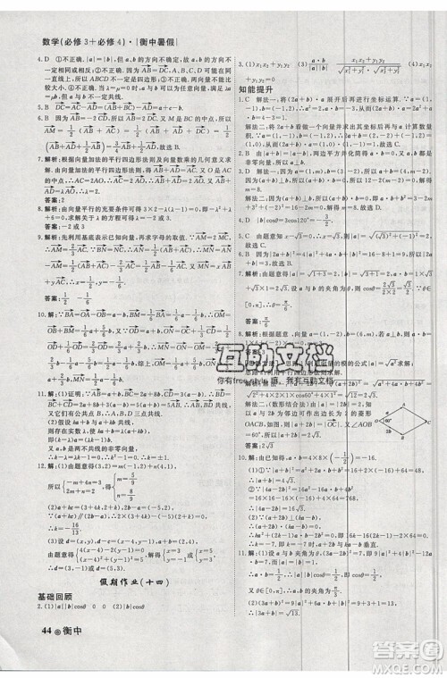 衡水金卷2019新版衡中假期暑假作业高一数学参考答案