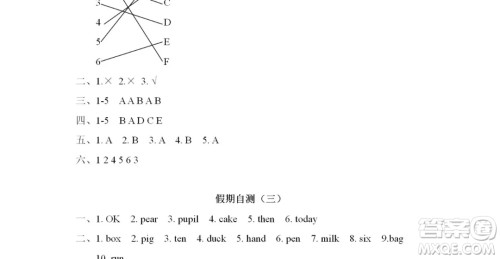 2019宋春生主编阳光假日暑假作业三年级英语PEP版答案