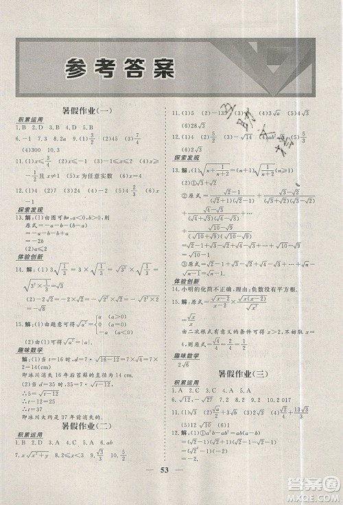 2019优化方案假期作业欢乐共享快乐假期八年级数学人教版答案 2019优化方案假期作业欢乐共享快乐假期八年级数学人教版答案